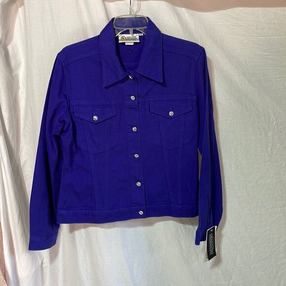 Christine Alexander S purple blue 💯cotton jean jacket Swarovski buttons nwt - Picture 1 of 12